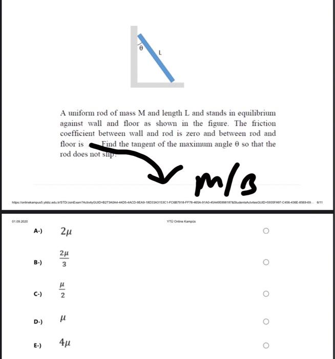 Solved A Uniform Rod Of Mass M And Length L And Stands In | Chegg.com