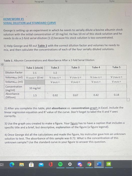 Solved Paragraph HOMEWORK #1 SERIAL DILUTION And STANDARD | Chegg.com