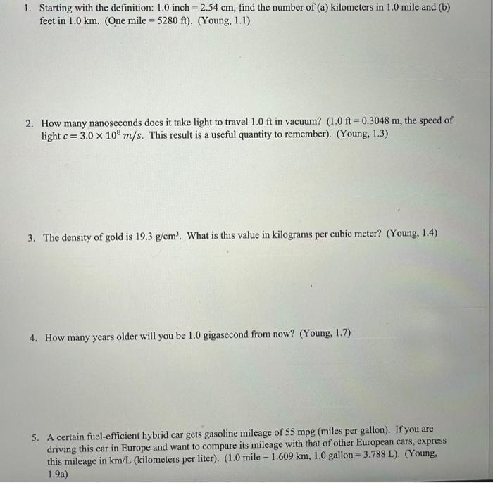 Solved 1. Starting with the definition 1.0inch 2.54 cm Chegg