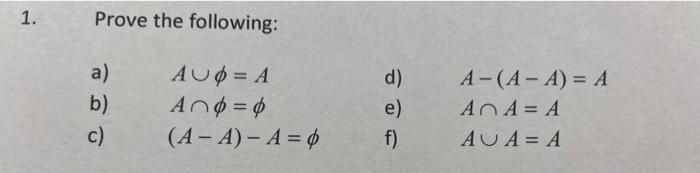 Solved 1. Prove the following: a) b) c) Αυφ = A A Αοφ = φ | Chegg.com