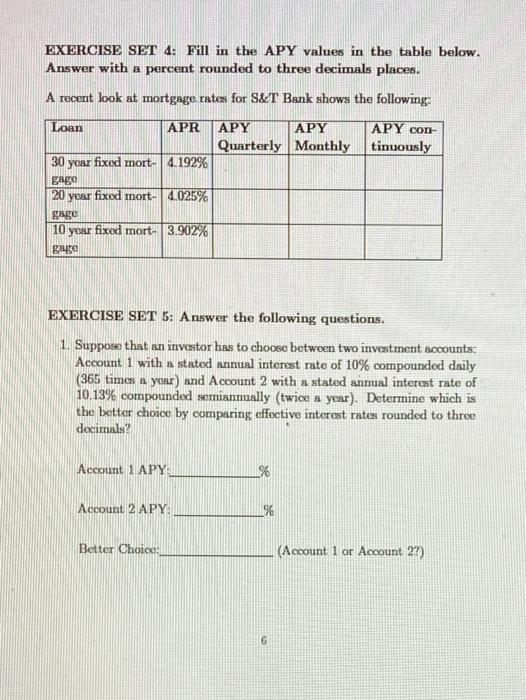 Solved EXERCISE SET 4: Fill in the APY values in the table | Chegg.com