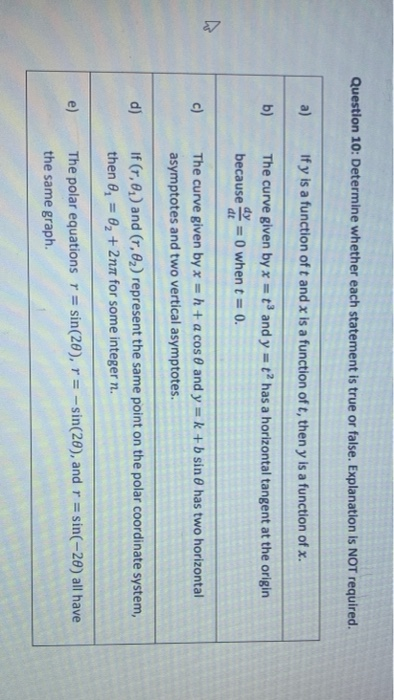 Solved Question 10: Determine whether each statement is true | Chegg.com