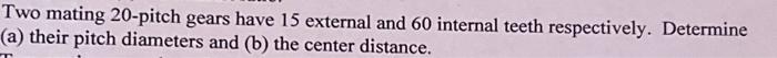 Solved Two mating 20-pitch gears have 15 external and 60 | Chegg.com