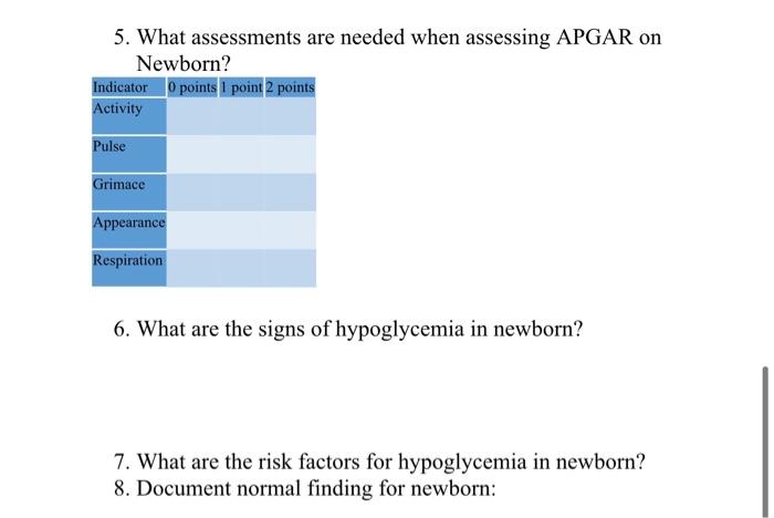 5. What assessments are needed when assessing APGAR on Newborn? Indicator points 1 point 2 points Activity Pulse Grimace Appe