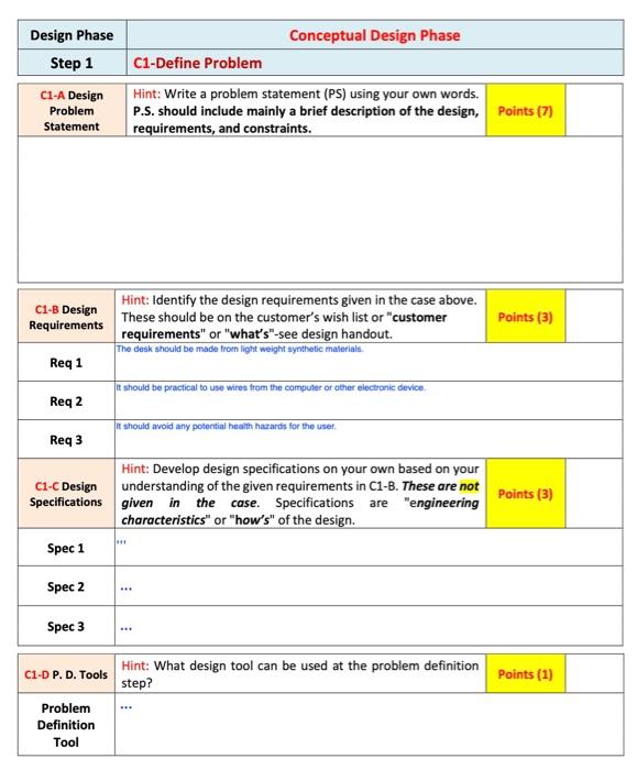 Design Phase Step 1 Conceptual Design Phase C1-Define | Chegg.com