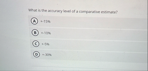Solved What is the accuracy level of a comparative estimate? | Chegg.com
