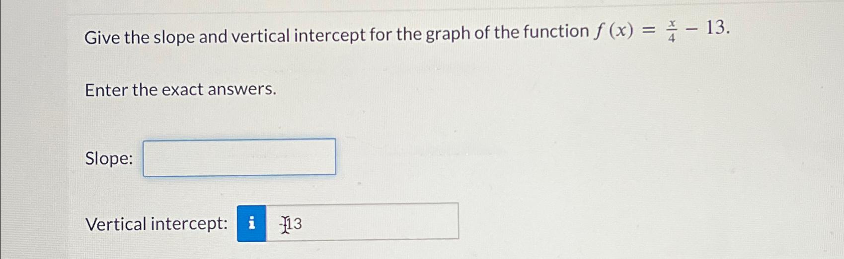 Solved Give the slope and vertical intercept for the graph | Chegg.com