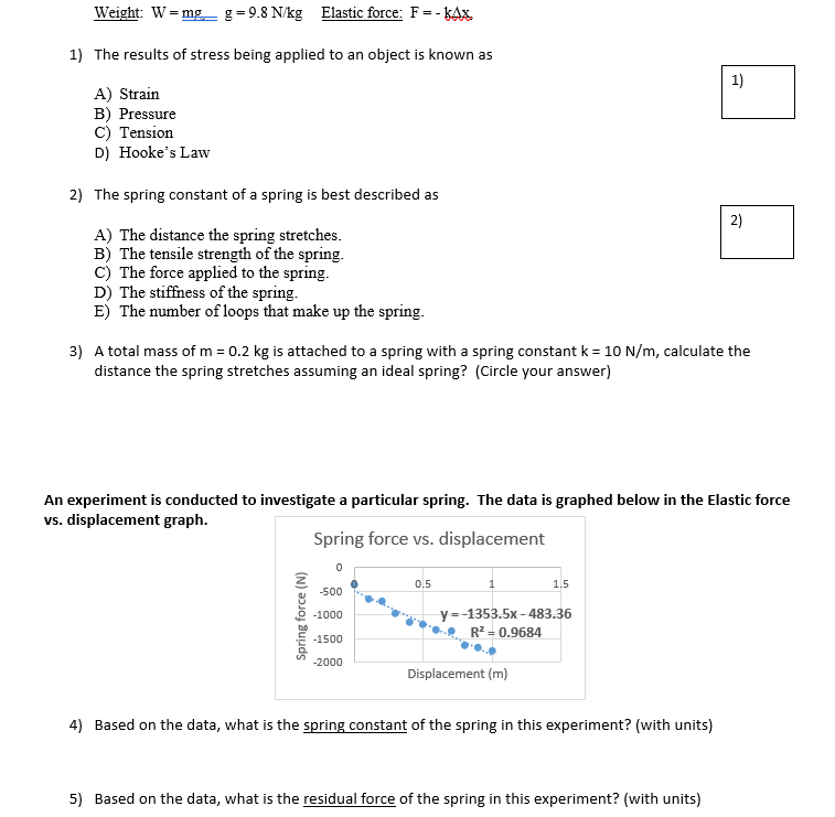 Solved Weight: W=mgg=9.8Nkg, ﻿Elastic force: F=-kΔxThe | Chegg.com