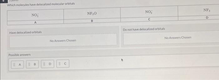 Which molecules have delocalized molecular orbitals
\begin{tabular}{|c|c|c|c|c|c|c|c|c|c|}
\hline \( \mathrm{NO}_{2}^{-} \) &