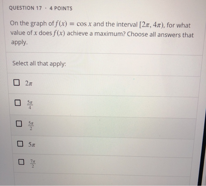 Solved QUESTION 17 . 4 POINTS On the graph of f(x) = cos x | Chegg.com