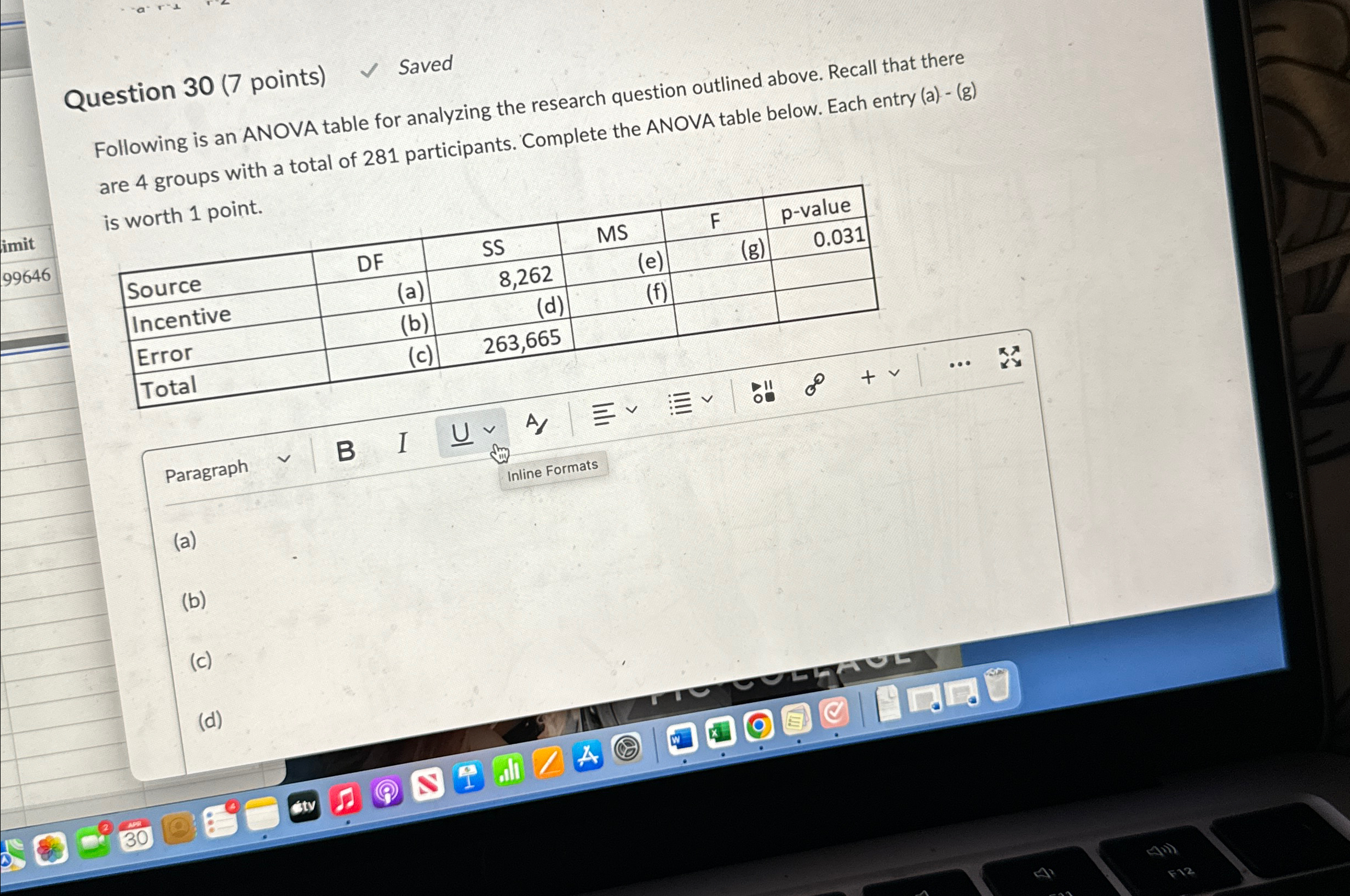 Solved Question 30 (7 ﻿points) ﻿SavedFollowing is an ANOVA | Chegg.com