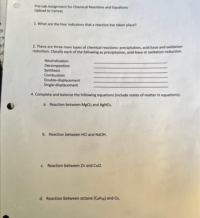 pre lab assignment for types of reactions