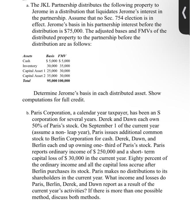 Solved a. The JKL Partnership distributes the following | Chegg.com