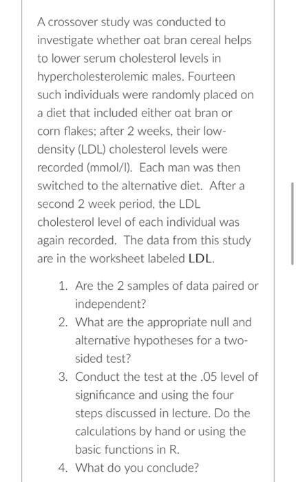 Solved A crossover study was conducted to investigate | Chegg.com