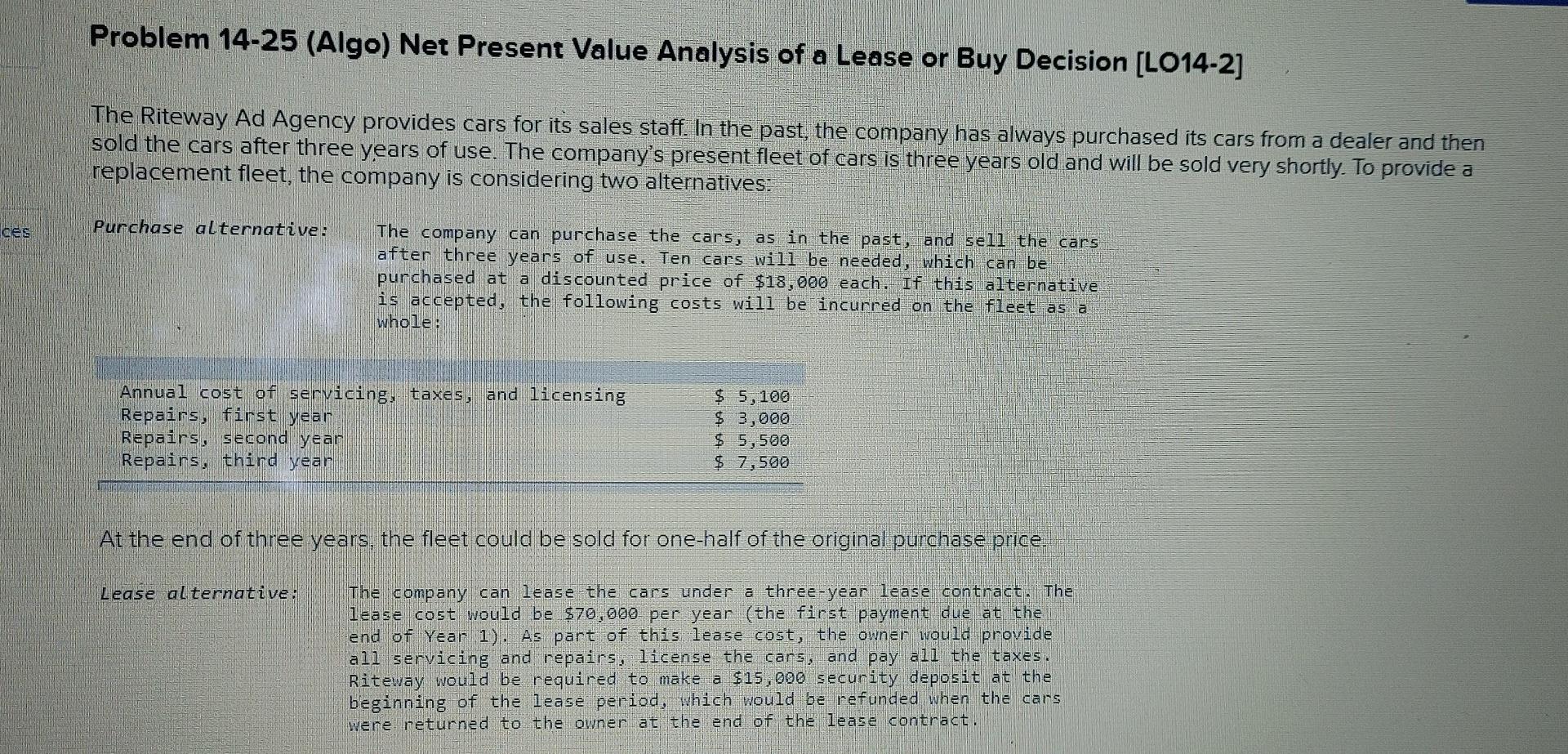 Solved Problem 14-25 (Algo) Net Present Value Analysis of a | Chegg.com