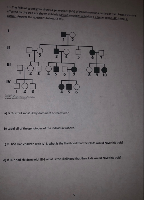 Solved 10. The following pedigree shows 4 generations (1-IV) | Chegg.com