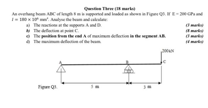 Solved Question Three (18 marks) An overhang beam ABC of | Chegg.com