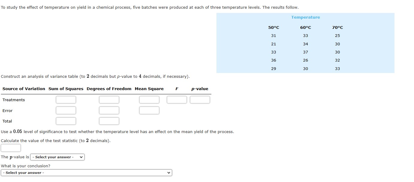 Solved To study the effect of temperature on yield in a | Chegg.com