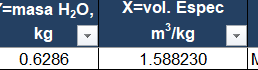 \begin{tabular}{c|c|} \hline masa \( \mathrm{H}_{2} \mathrm{O} \), & \( \mathrm{X}= \) vol. Espec \\ \( \mathbf{k g} \) & \(