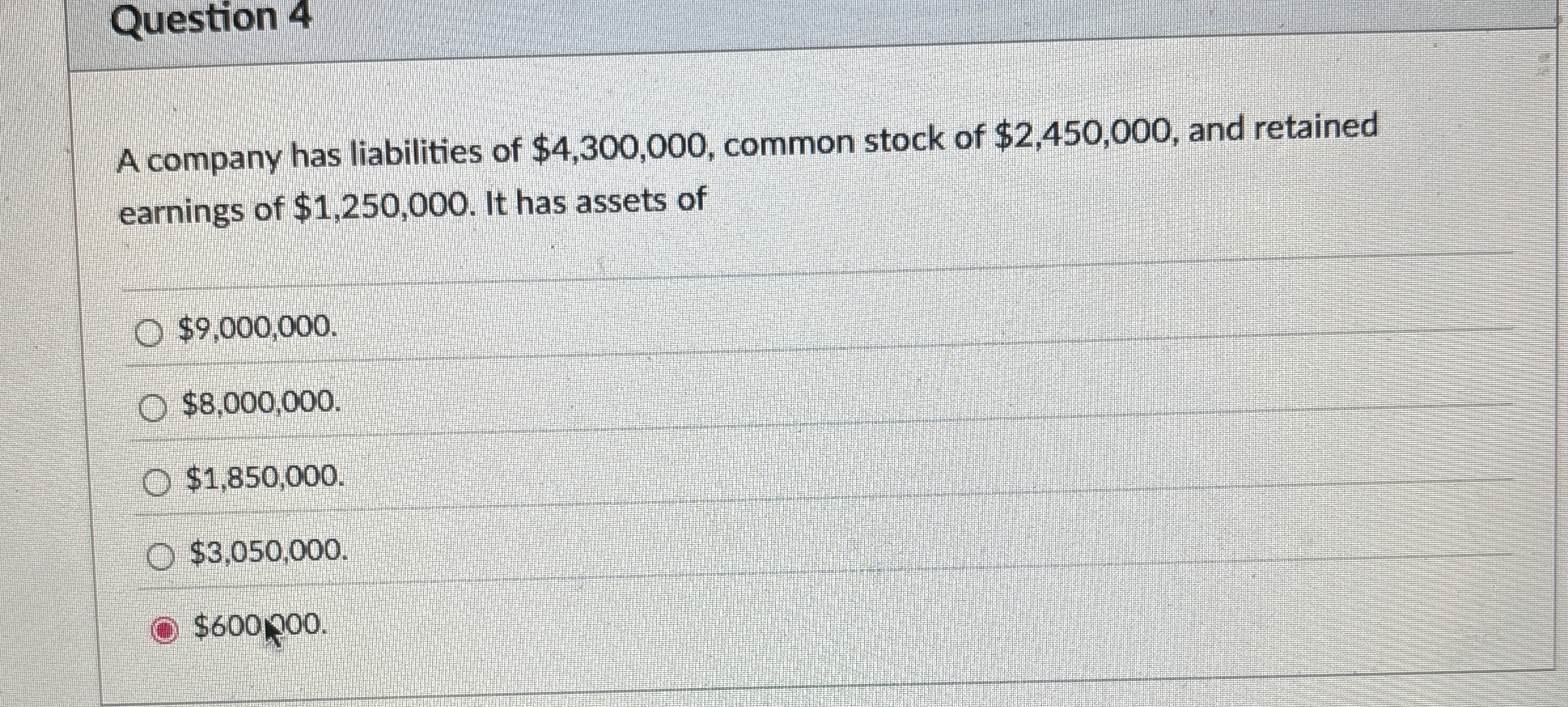 Solved Question 4A company has liabilities of $4,300,000, | Chegg.com