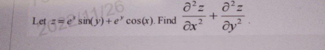 \( z=e^{x} \sin (y)+e^{y} \cos (x) \). Find \( \frac{\partial^{2} z}{\partial x^{2}}+\frac{\partial^{2} z}{\partial y^{2}} \)