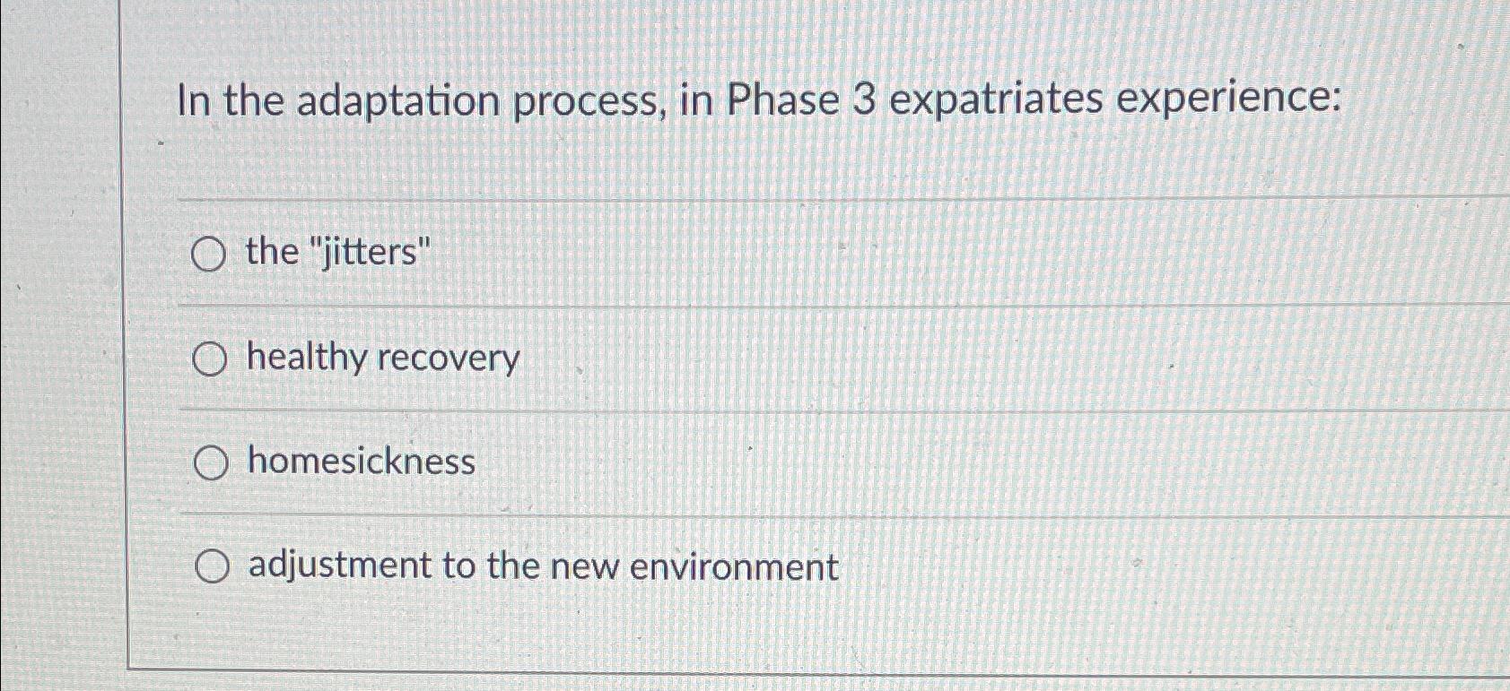 Solved In the adaptation process, in Phase 3 ﻿expatriates | Chegg.com