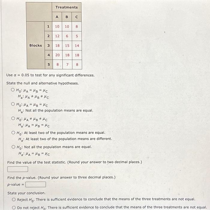 Solved Use α=0.05 to test for any significant differences. | Chegg.com