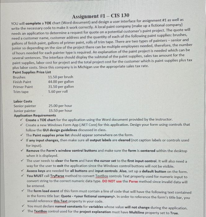 Solved Assignment #1 - CIS 130 YOU will complete a TOE chart | Chegg.com