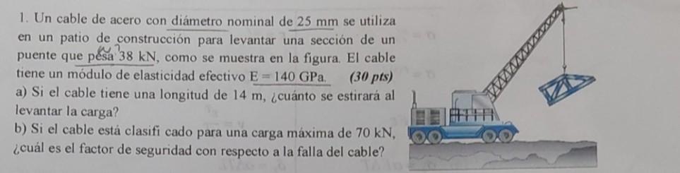 1. Un cable de acero con diámetro nominal de \( 25 \mathrm{~mm} \) se utiliza en un patio de construcción para levantar una s