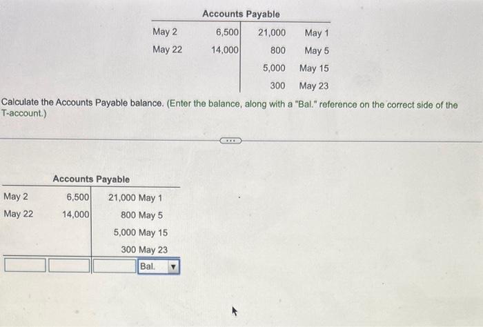 Calculate the Accounts Payable balance. (Enter the balance, along with a Bal. reference on the correct side of the T-accoun