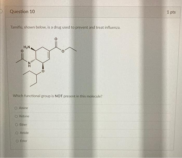 Tamiflu, shown below, is a drug used to prevent and treat influenza.
Which functional group is NOT present in this molecule?