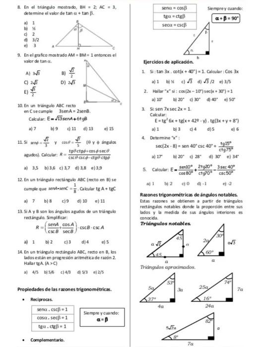 8. En el triaingulo mostrado, \( B H=2 \); \( A C=3 \), determine el valor de \( \tan \alpha+\tan \beta \). a) 1 b) \( y \) c