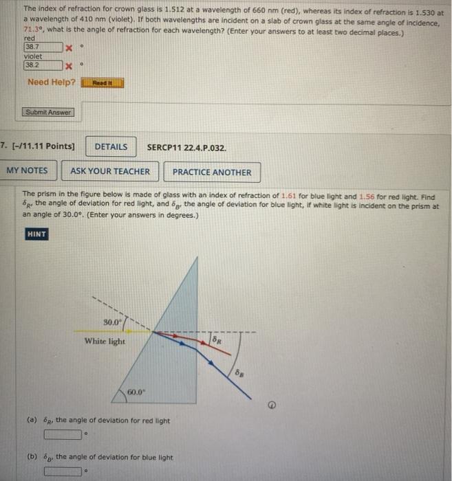Solved The index of refraction for crown glass is 1.512 at a