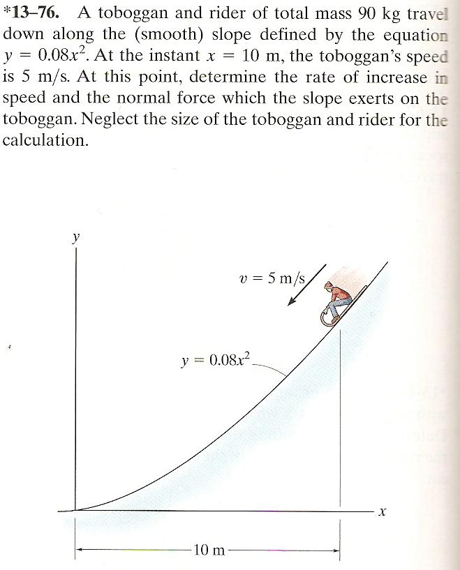 A toboggan and rider of total mass 90 kg travel down