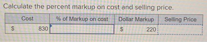 Solved Calculate The Percent Markup On Cost And Selling 1356