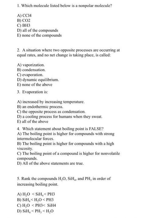 Solved 1 Which Molecule Listed Below Is A Nonpolar Chegg