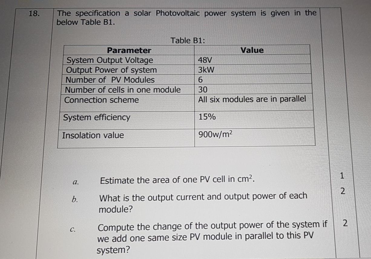 Solved 18. The Specification A Solar Photovoltaic Power | Chegg.com