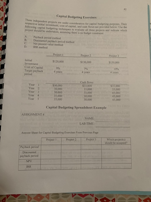 Solved 41 Capital Budgeting Exercises Inree Independent Chegg