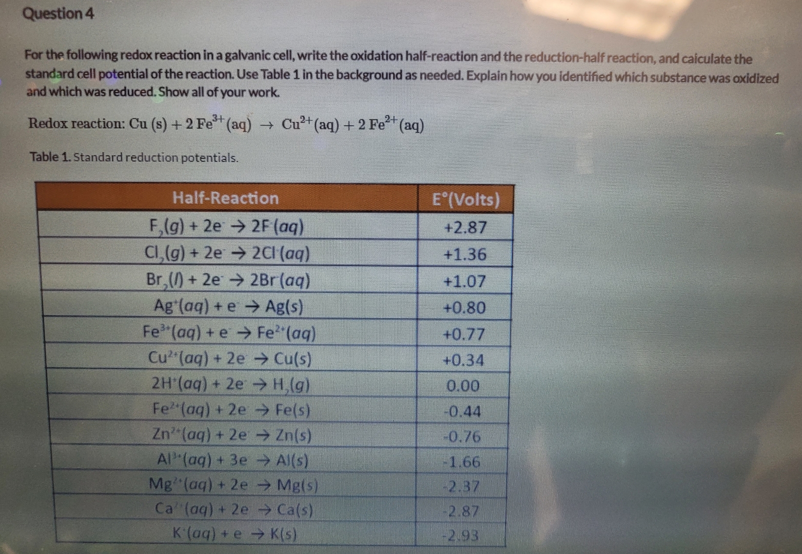 Solved Question 4For the following redox reaction in a | Chegg.com