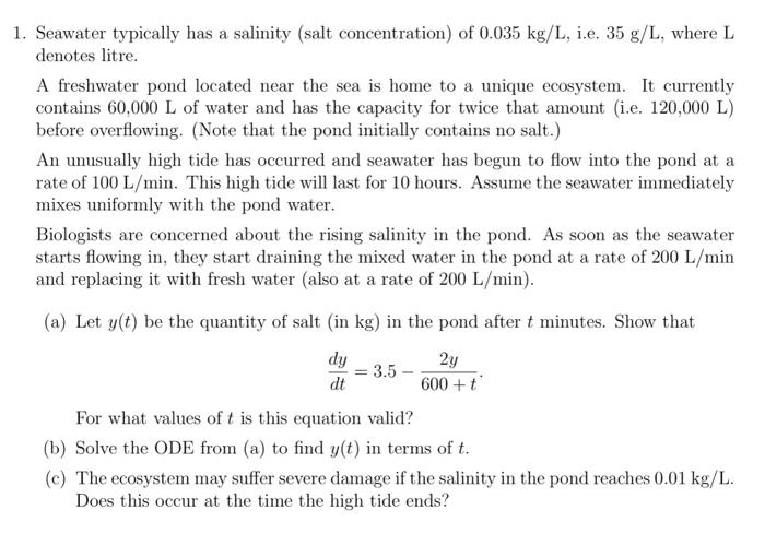 Solved 1. Seawater typically has a salinity (salt | Chegg.com