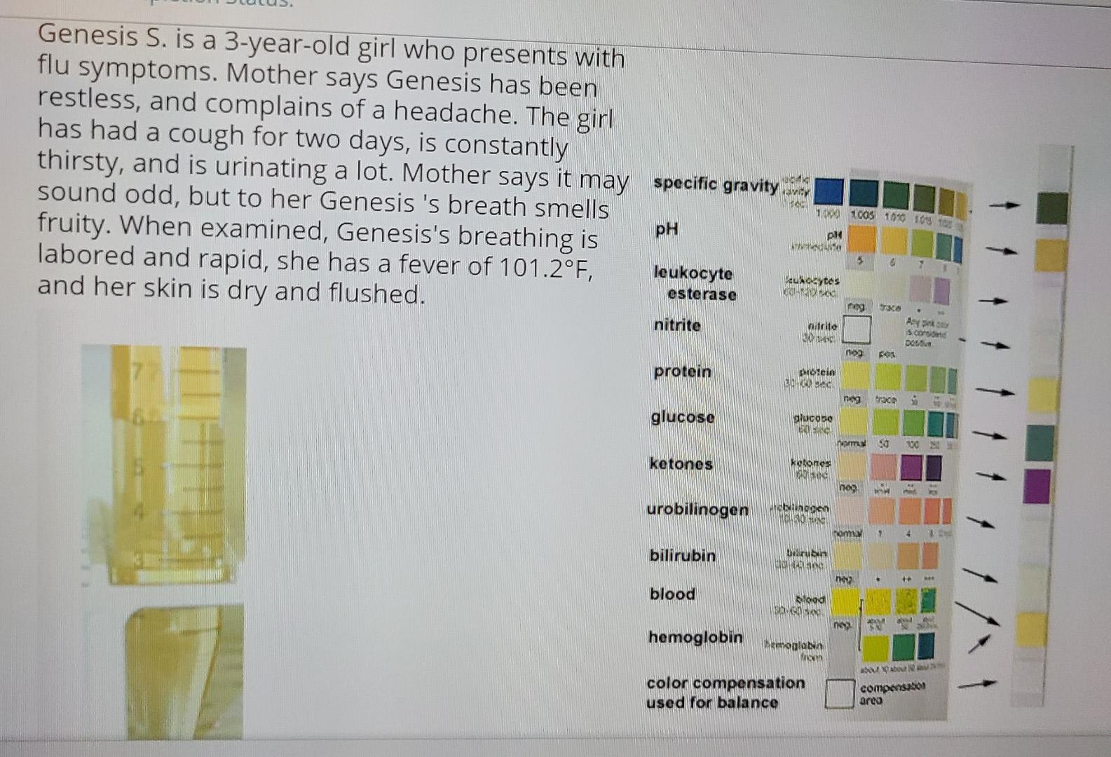 Genesis S. is a 3-year-old girl who presents with flu symptoms. Mother says Genesis has been restless, and complains of a hea