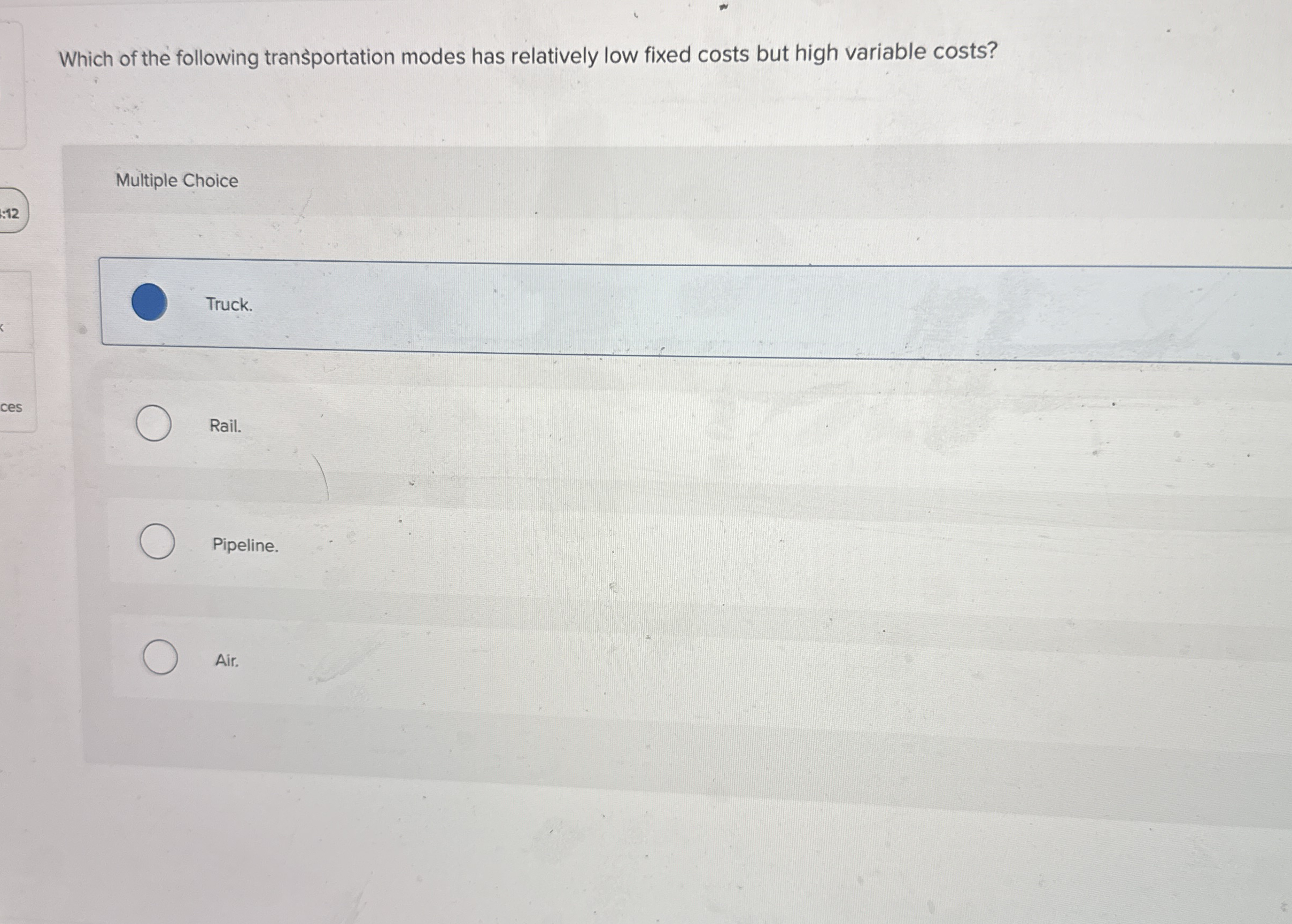 Solved Which of the following transportation modes has