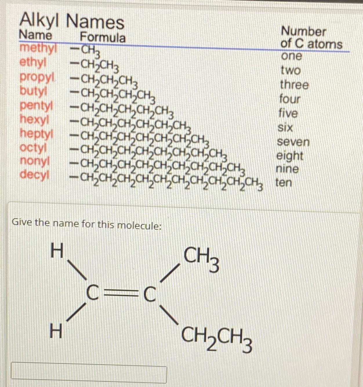 Solved Alkyl Names\table[[Name,Forμla- | Chegg.com