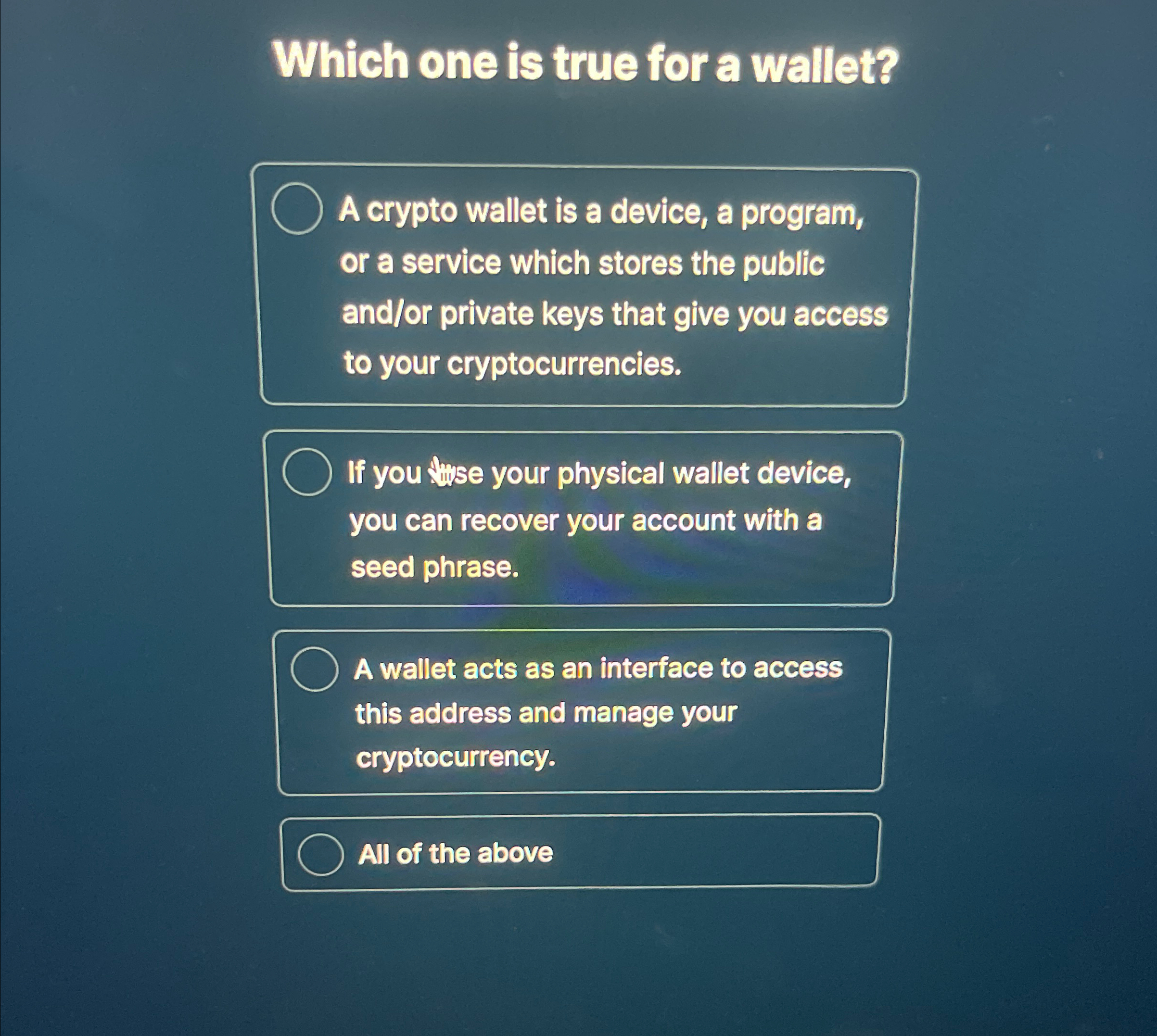 Solved Which one is true for a wallet?A crypto wallet is a | Chegg.com