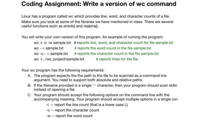 Solved Coding Assignment: Write a version of wc command | Chegg.com