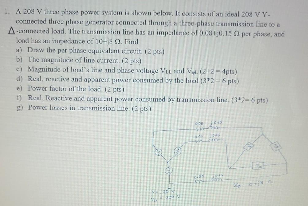 Solved 1. A 208 V three phase power system is shown below. | Chegg.com
