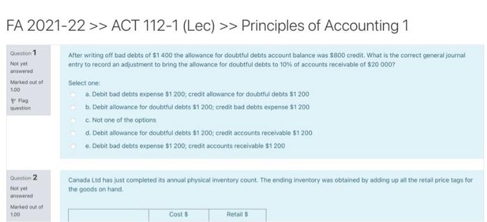 Solved FA 2021-22 &raquo; ACT 112-1 (Lec) &raquo; Principles of | Chegg.com