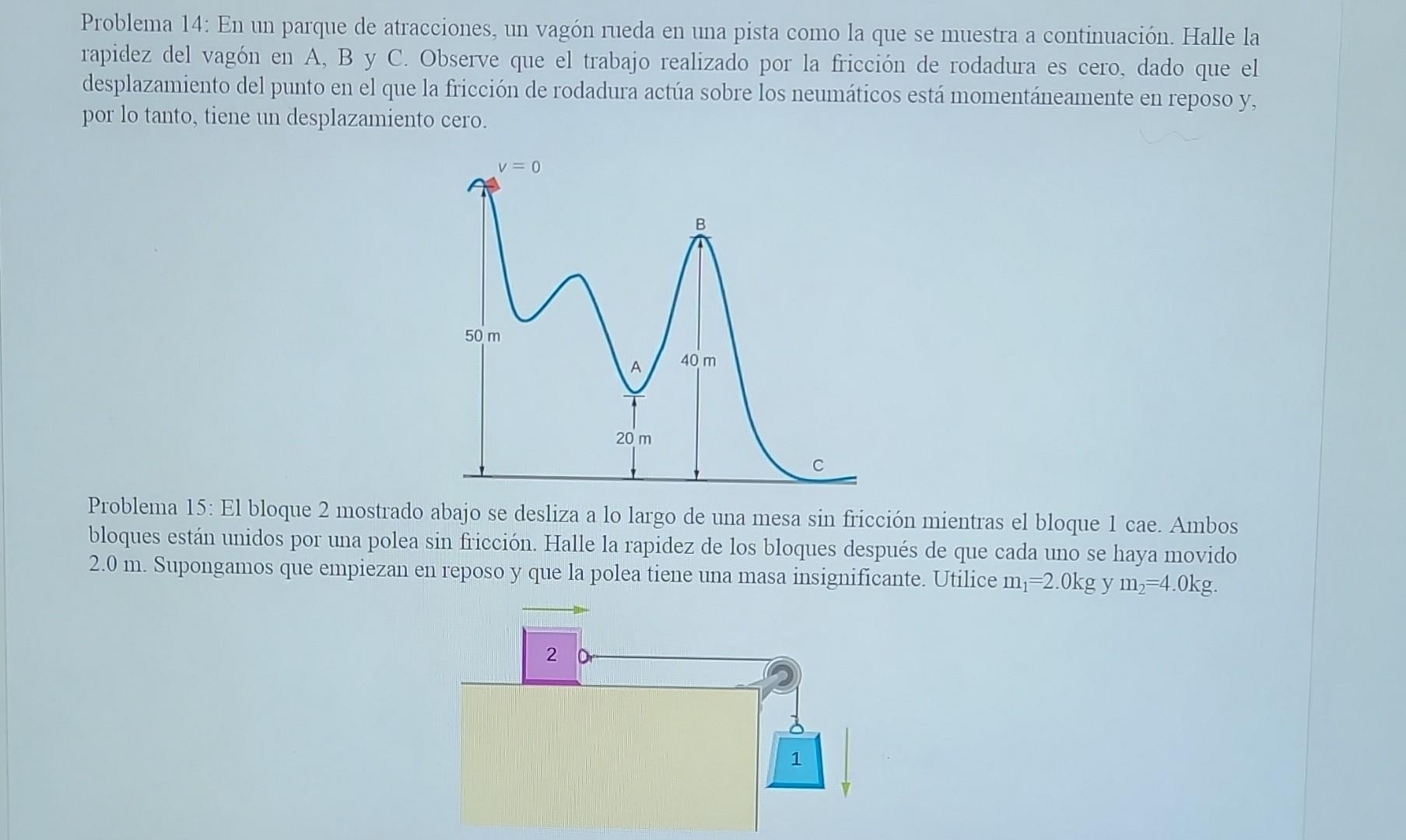 Problema 14: En un parque de atracciones, un vagón rueda en una pista como la que se muestra a continuación. Halle la rapidez