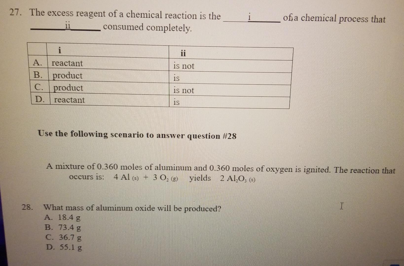 Solved 27. The excess reagent of a chemical reaction is the | Chegg.com