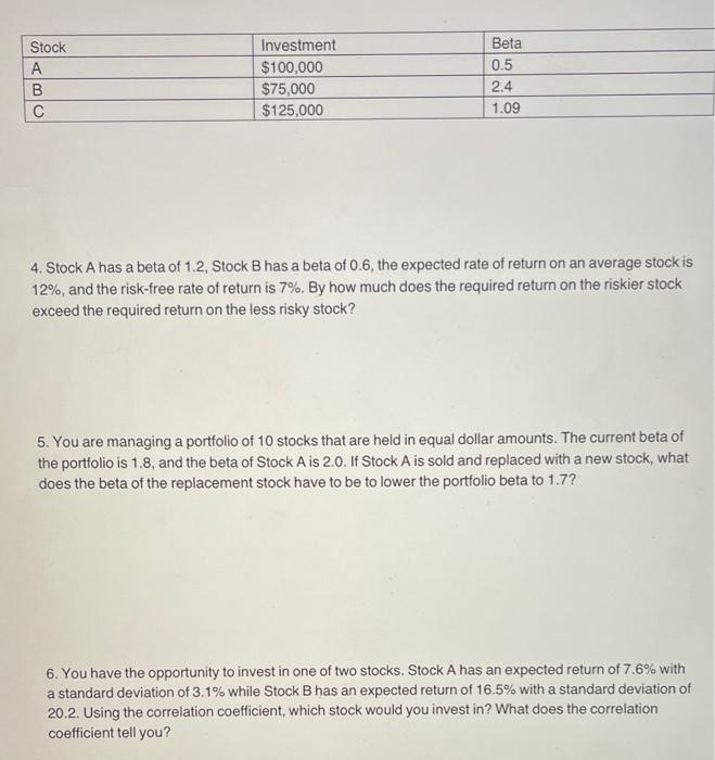 Solved 4. Stock A Has A Beta Of 1.2, Stock B Has A Beta Of | Chegg.com